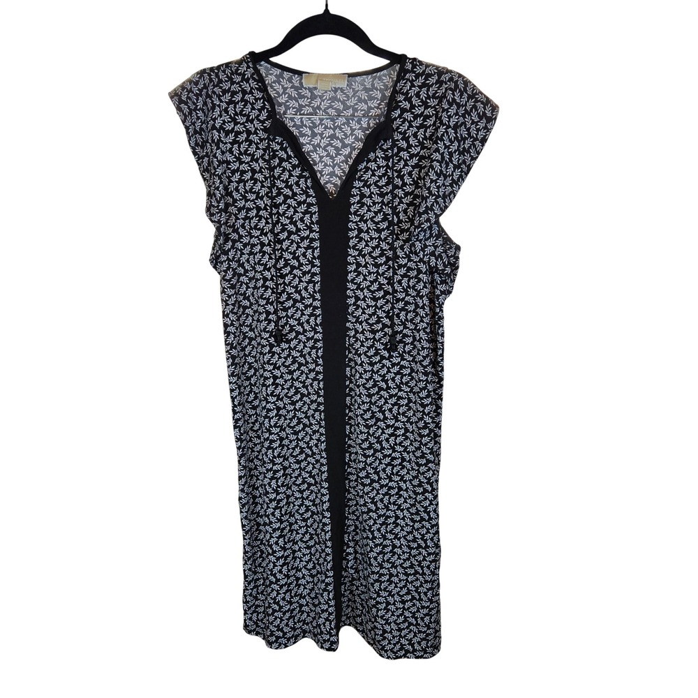 MICHAEL KORS Women Black White Leaf Print V Neck Cap Sleeve Midi Dress XS - Picture 2 of 5